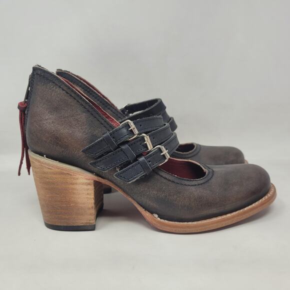 Freebird By Steven Heels 8 Brown Black Antique Leather Ramsay Mary Jane Strappy - Picture 2 of 11
